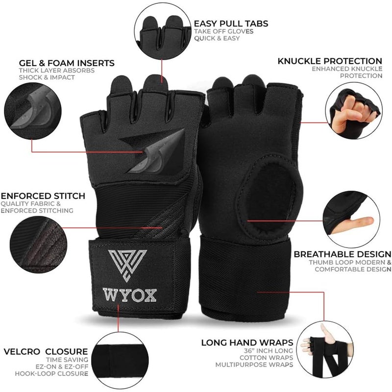 WYOX Gel Boxing Hand Wraps Inner Gloves for Men & Women, 80cm Quick Wrist Straps, Padded Knuckle Protection for Muay Thai Kickboxing, Hand Wraps for Boxing & Martial Arts (Black, L/XL) - Image 2